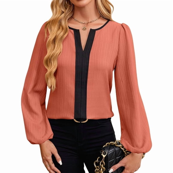 Womens Tops Dressy Casual V Neck Color Block Business Casual Blouses Long Sleeve Work Shirts Fall Trendy Clothes Coral L