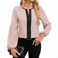 thumbnail image 1 of Womens Tops Dressy Casual V Neck Color Block Business Casual Blouses Long Sleeve Work Shirts Fall Trendy Clothes Pink L, 1 of 8