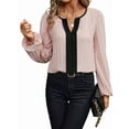 thumbnail image 1 of Womens Tops Dressy Casual V Neck Color Block Business Casual Blouses Long Sleeve Work Shirts Fall Trendy Clothes Pink M, 1 of 9