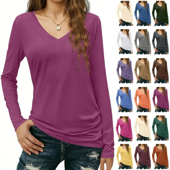 Womens Tops Dressy Casual V-Neck Long Sleeve Slim Drape Hem Solid Color Casual Blouse T-Shirt