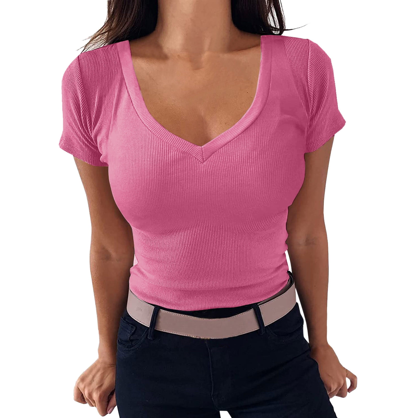 Womens Tops Dressy Casual V Neck Ribbed Fitted Tight Short Sleeve Knit Cropped Tee Shirts Pink L Walmart