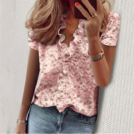 Womens Tops Dressy Casual Women'S Summer Ruffle V-Neck Short Sleeve Solid Print T-Shirt Top Womens Shirts Pink
