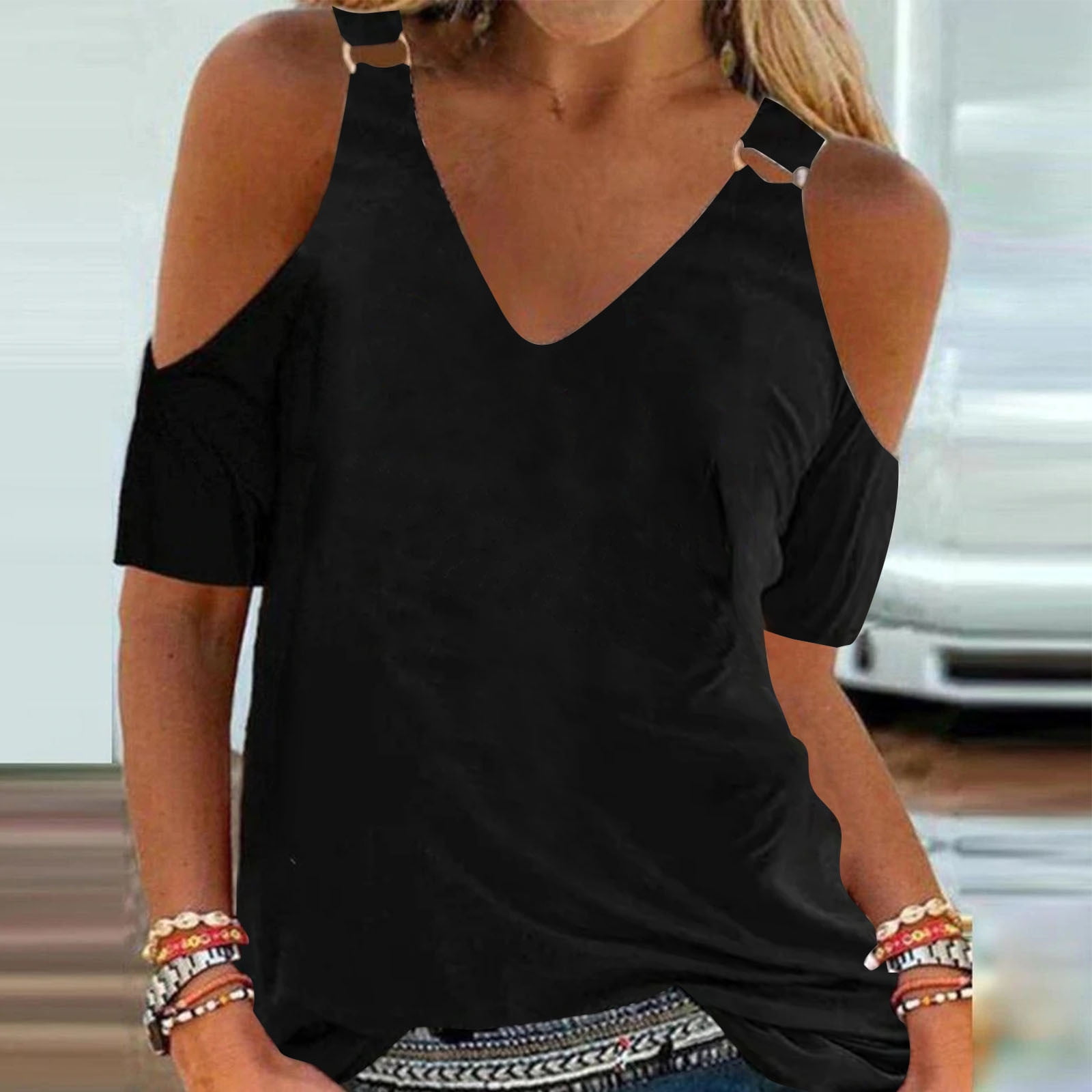 black v neck off the shoulder top