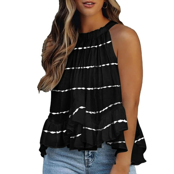 Womens Tops Dressy Casual,Women's Babydoll Ruffle Tops Sleeveless Summer Casual Loose T Shirt Flowy Striped Tank Top Tunics Blouses