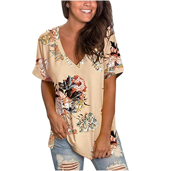 Womens Tops Dressy Casual,Women's Floral V Neck Short Sleeve T Shirts Summer Casual Basic Tops Loose Blouse T Shirt Tunic Tops