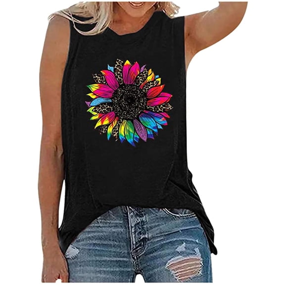 Womens Tops Dressy Casual,Womens Crew Neck Tank Tops Summer Sunflower Print Top Graphic Tees Casual Cami Shirts Blouses