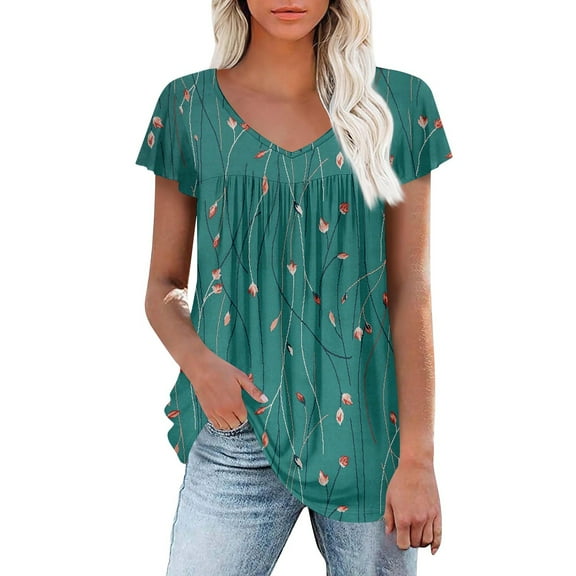 Womens Tops Dressy Floral Printed Short Sleeve V Neck Blouses Loose Pleated Summer Shirts Tops Loose Blouses Casual Bohemian Tops