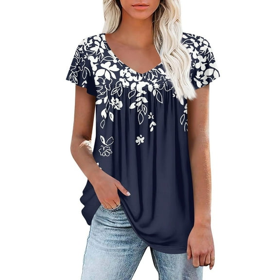 Womens Tops Dressy Floral Printed Short Sleeve V Neck T-Shirts Elegant Pleated Summer Shirts Tops Loose Blouses Casual Bohemian Tops