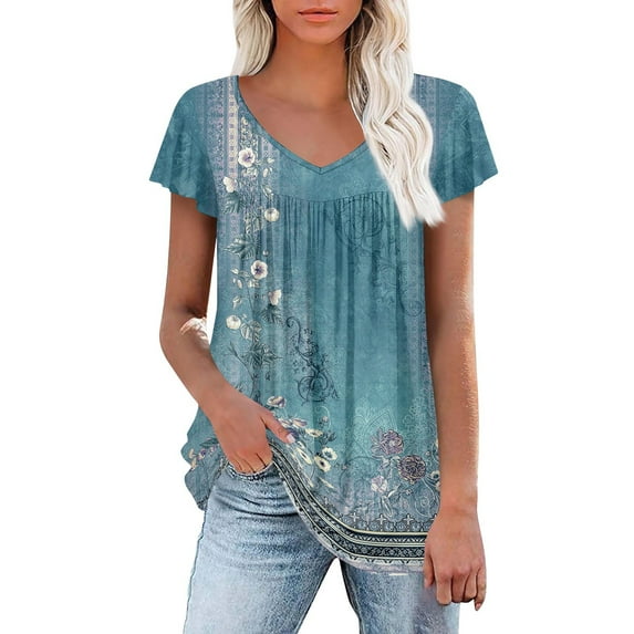 Womens Tops Dressy Floral Printed Short Sleeve V Neck T-Shirts Elegant Pleated Summer Shirts Tops Loose Blouses Casual V Neck Bohemian Blouses