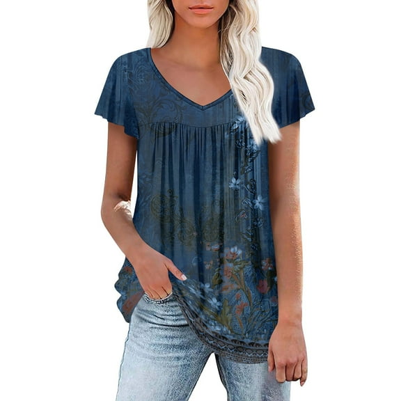 Womens Tops Dressy Floral Printed Short Sleeve V Neck T-Shirts Fashion Pleated Summer Shirts Fit Casual Bohemian Top