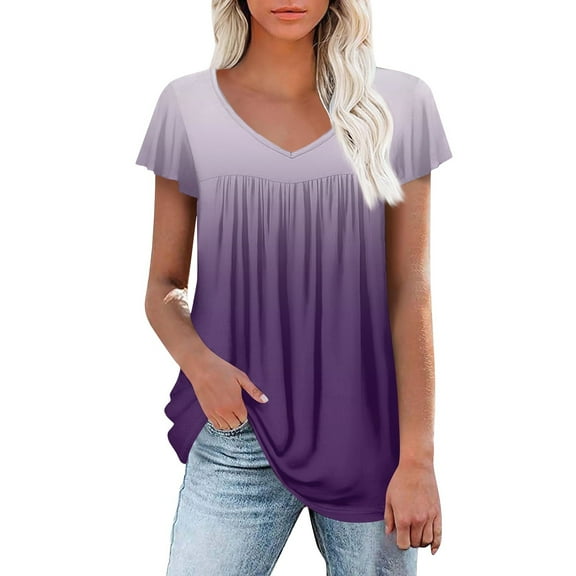 Womens Tops Dressy Gradient Short Sleeve V Neck Tunic Tops Elegant Pleated Summer Tops Dressy Blouses Casual V Neck Bohemian Blouses
