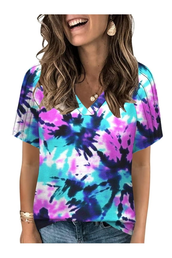 Womens Tops Dressy Short Sleeve T Shirts Summer V Neck Fashion Casual Tie Dye Blouses M YH004