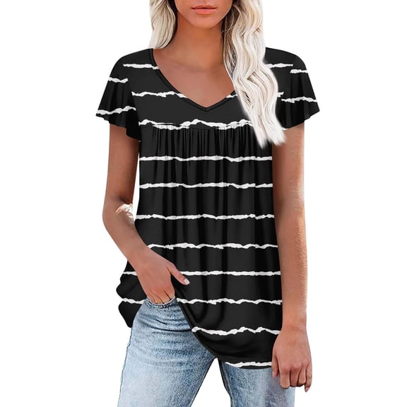 Womens Tops Dressy Striped color block Short Sleeve V Neck Blouses Fashion Pleated Summer Shirts Casual V Neck Bohemian Blouses