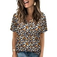 thumbnail image 1 of Womens Tops Dressy V Neck T Shirts Trendy Short Sleeve Summer 2025 Leopard Print Blouses L YH001, 1 of 4