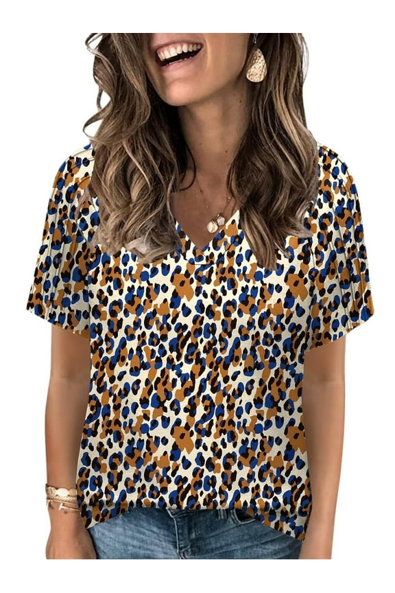 Womens Tops Dressy V Neck T Shirts Trendy Short Sleeve Summer 2025 Leopard Print Blouses L YH001