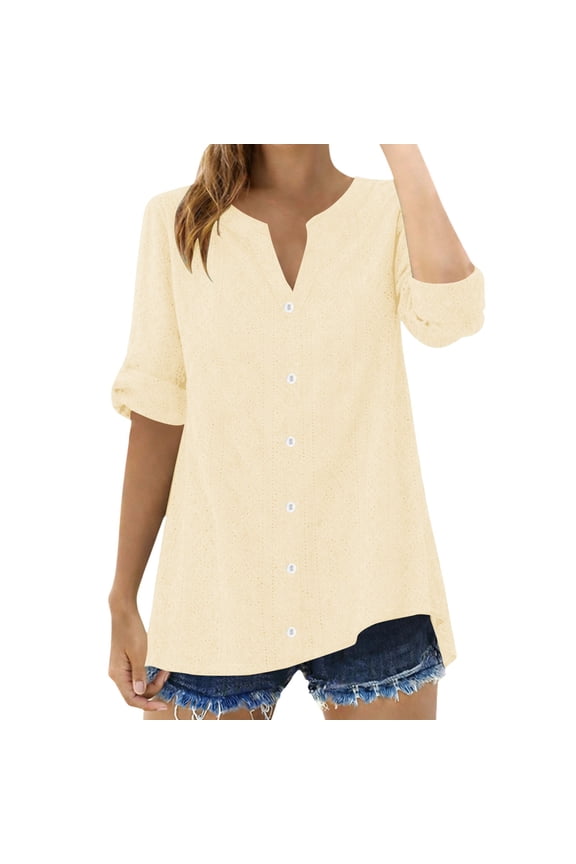Womens Tops, Duoif Cut Out Casual Top, Loose Solid Color Blouse Shirts for Women Beige S