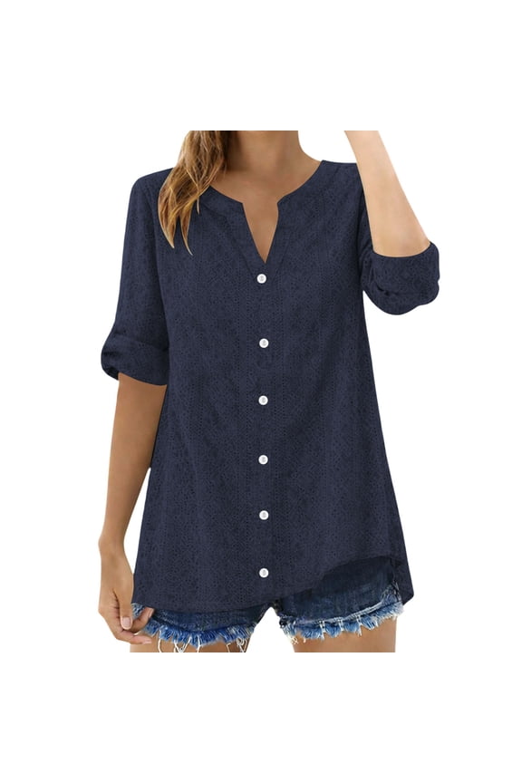 Womens Tops, Duoif Cut Out Casual Top, Loose Solid Color Blouse Shirts for Women Navy S