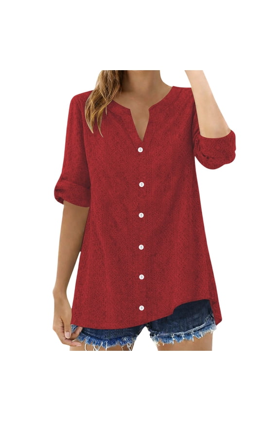 Womens Tops, Duoif Cut Out Casual Top, Loose Solid Color Blouse Shirts for Women Red S