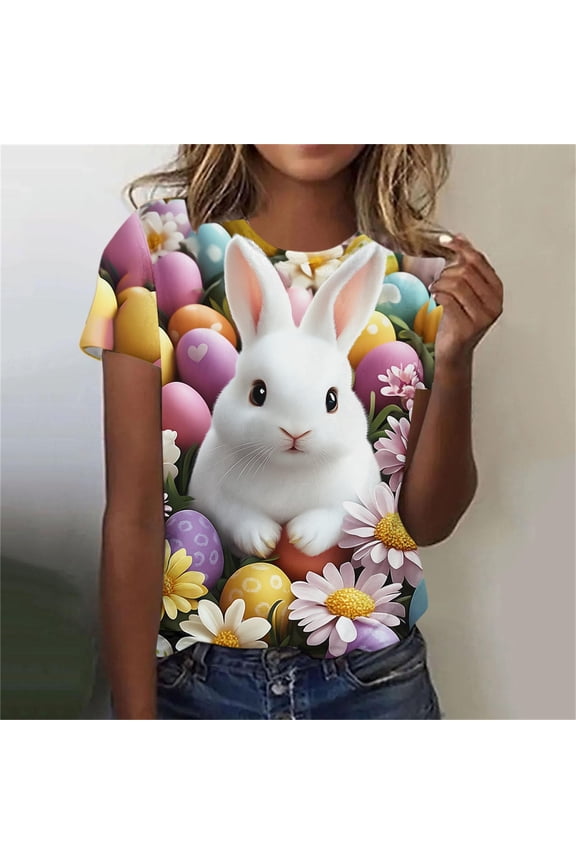 Womens Tops Easter Bunny Short Sleeved Round Neck Casual Pullover Printed T-shirt Yellow S