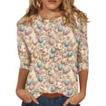 thumbnail image 1 of Womens Tops Easter Casual 3/4 Sleeve Shirts Cute Bunny & Egg Printed T-Shirts Loose Crew Neck Pullover Holiday Three Quarter Length Blouses Camel 2XL, 1 of 5
