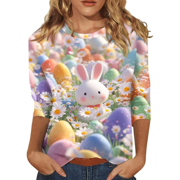 Womens Tops Easter Loose 3/4 Sleeve T-Shirts Cute Bunny and Egg Printed Shirts Casual Crew Neck Blouses Holiday Three Quarter Length Pullover Purple Pink 3XL