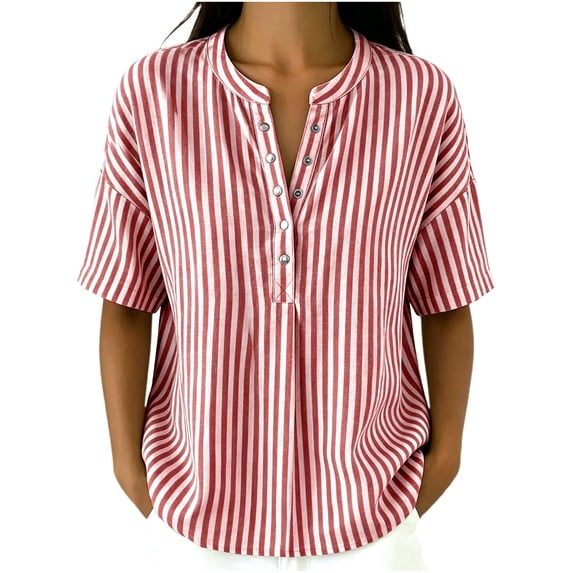 Womens Tops Elbow Length Sleeve Tshirts for Women Striped Printed Button Up Crew Neck Summer T-Shirts