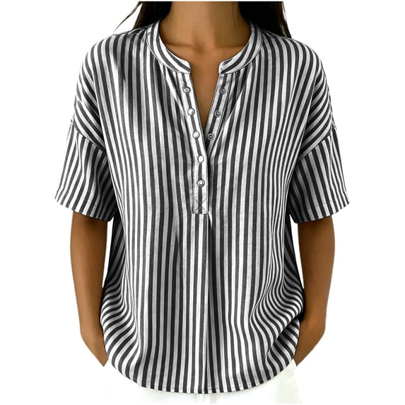 Womens Tops Elbow Length Sleeve Tshirts for Women Striped Printed Button Up Crew Neck Summer T-Shirts