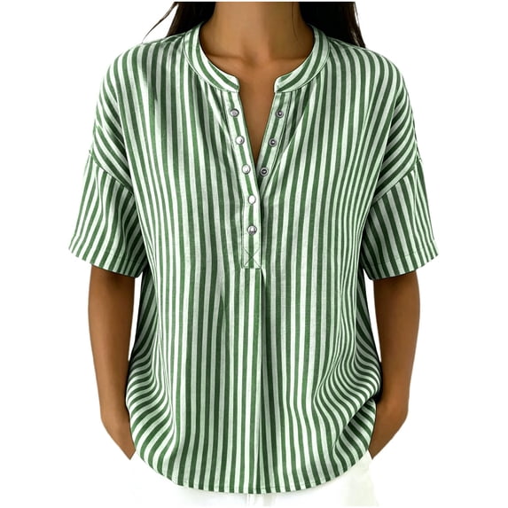 Womens Tops Elbow Length Sleeve Tshirts for Women Striped Printed Button Up Crew Neck Summer T-Shirts