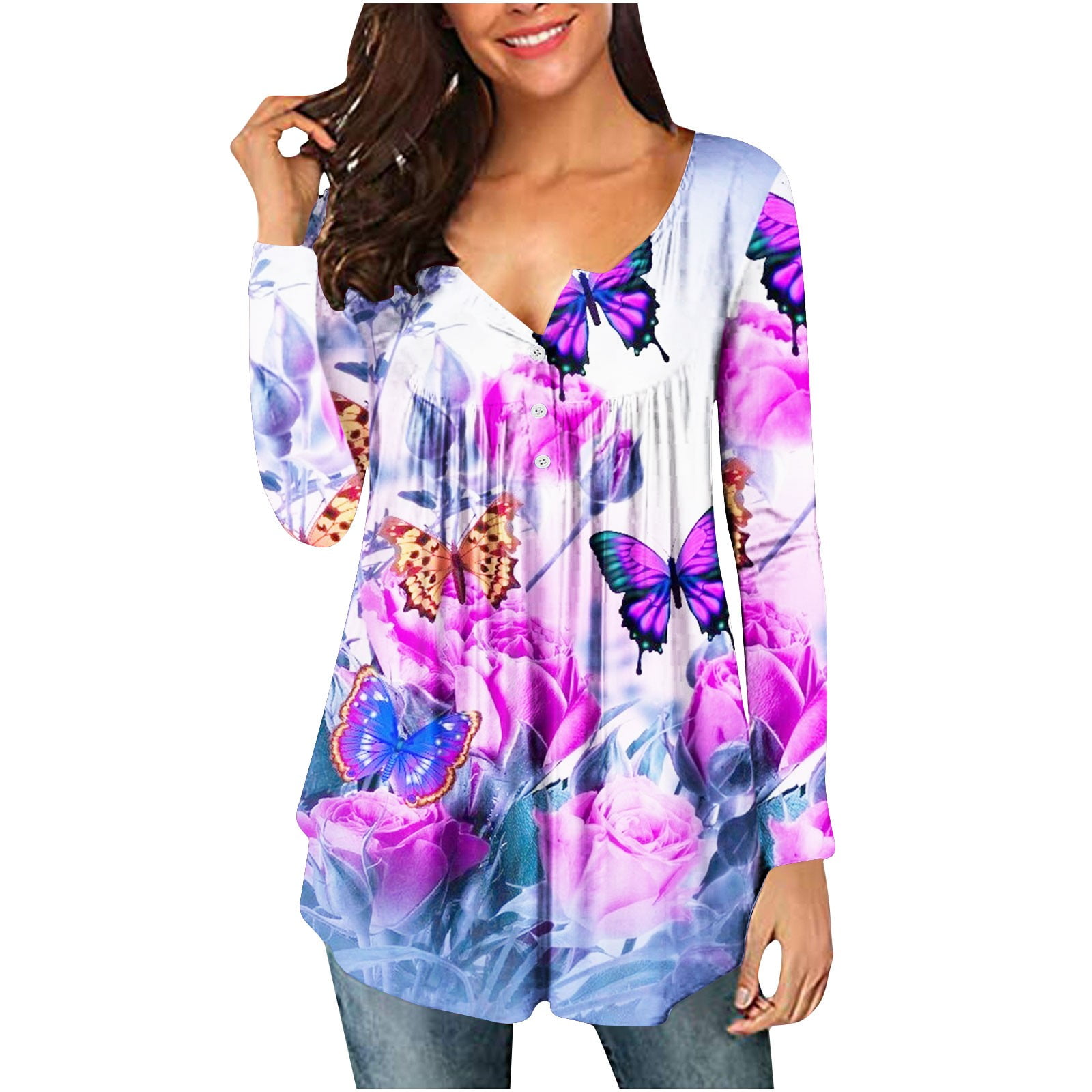 Womens Tops That Hide Belly Fat 2022 Fall Long Sleeve Butterfly Shirts  Loose Flowy Button Up Tunic Top for Leggings 