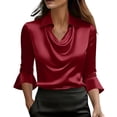 thumbnail image 1 of Womens Tops Elegant Cowl Neck 3/4 Sleeve Satin Work Blouse Spring Summer Shirts for Women Red L, 1 of 6