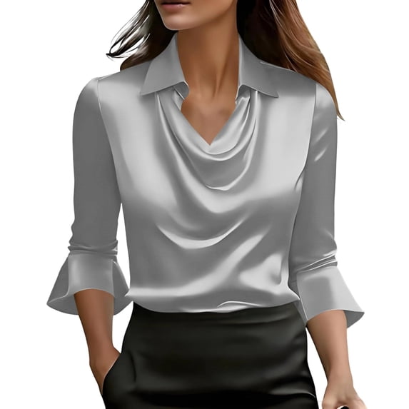 Womens Tops Elegant Cowl Neck 3/4 Sleeve Satin Work Blouse Spring Summer Shirts for Women Silver 2Xl