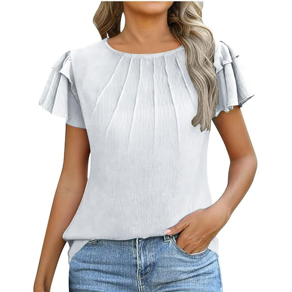 Womens Tops Elegant Dressy Casual Business Work Blouses Short Ruffle Sleeve Crew Neck Cute Summer Shirts Trendy Outfits
