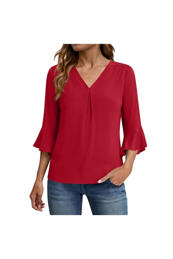 Womens Tops Elegant Elastic Smocking Shoulder Flowy Ruffle 3/4 Length Sleeve Tops Dressy Pleated V Neck Solid Work Tops