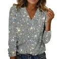thumbnail image 1 of Womens Tops Elegant Glitter Sparkly V Neck Long Sleeve Sequin Pullover Tee Nylon And Spandex Casual Night Out Wear Soft Comfortable L Sweaters For Women, 1 of 9