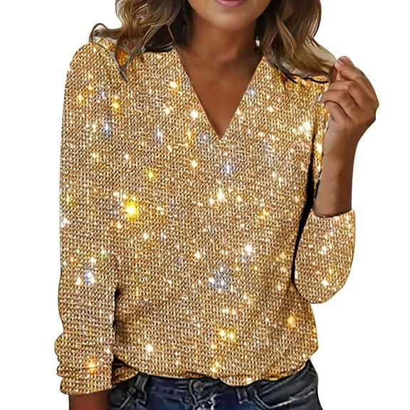 Womens Tops Elegant Glitter Sparkly V Neck Long Sleeve Sequin Pullover Tee Nylon And Spandex Casual Night Out Wear Soft Comfortable M Sweaters For Women