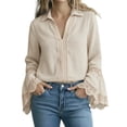 thumbnail image 1 of Womens Tops Elegant Lace Edge Cotton Linen Solid Pullover Spring Summer Shirts for Women Beige L, 1 of 4