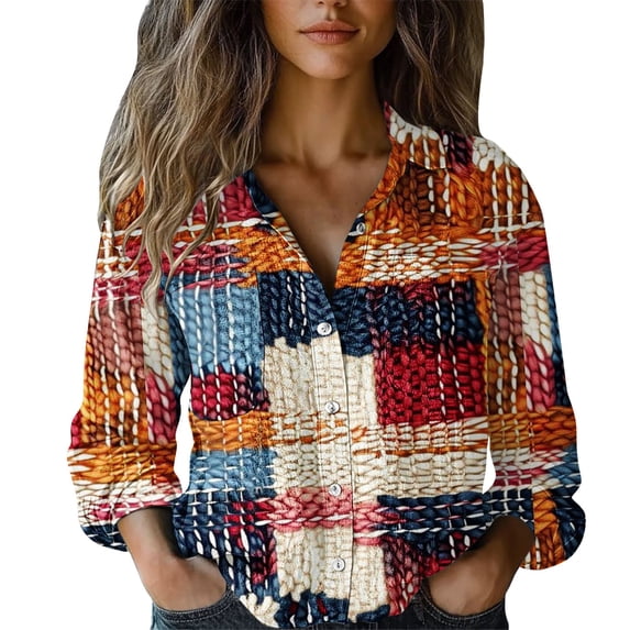 Womens Tops Elegant Print Cotton Long Sleeve Button Blouse Spring Summer Shirts for Women Red Xl