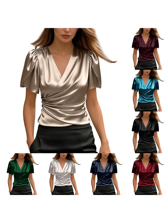 Womens Tops Elegant Satin V Neck Short Sleeve Blouse for Daily Casual Wear Slim Fit Wrap Design with Soft Satin Finish M
