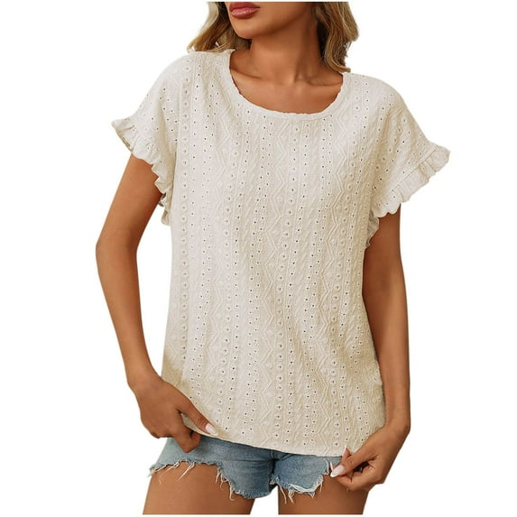 Womens Tops Elegant Summer Tshirts Eyelet Ruffle Short Sleeve Shirts Solid Color Jacquard Tees Dressy Casual Hollow Out Blouse Juniors Trendy Texture T-Shirt Cute Blouses