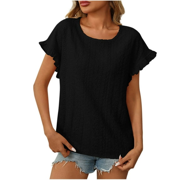 Womens Tops Elegant Summer Tshirts Eyelet Ruffle Short Sleeve Shirts Solid Color Jacquard Tees Dressy Casual Hollow Out Blouse Juniors Trendy Texture T-Shirt Cute Blouses