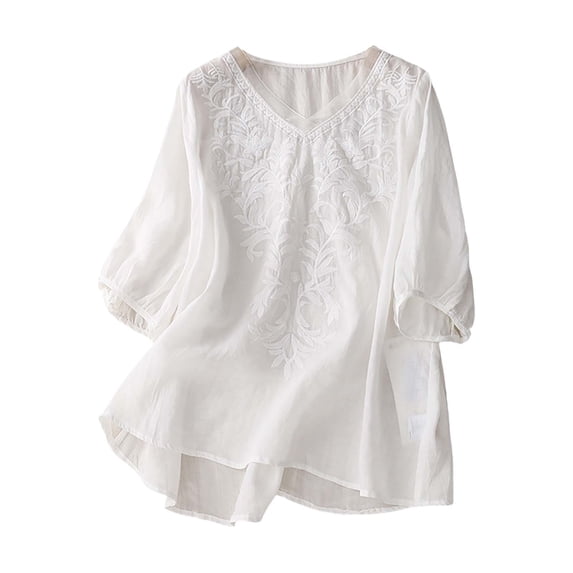Womens Tops Embroidered Puff Short Sleeve Crew Neck Boho Cotton And Linen Top Lightweight Breathable Casual Loose Fit Versatile For Beach Outings Lounging Soft Fabric M Sweaters For Women