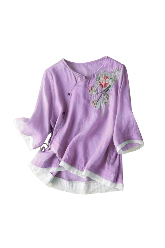 Womens Tops Embroidered Tops for Women Cotton Linen Tshirt Tee Women 3/4 Sleeve V Neck Button Ethnic