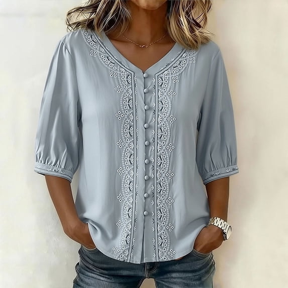 Womens Tops Embroidery Elbow Length Sleeve T-Shirts for Women Button Down V Neck Summer Dressy Casual Tshirts