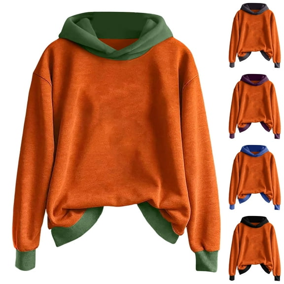Womens Tops Essentials Hoodie Halloween Sweatshirts Pumpkin Theme Color Block Fall Hoodie Fashion Lightweight Pullover Tops for Women