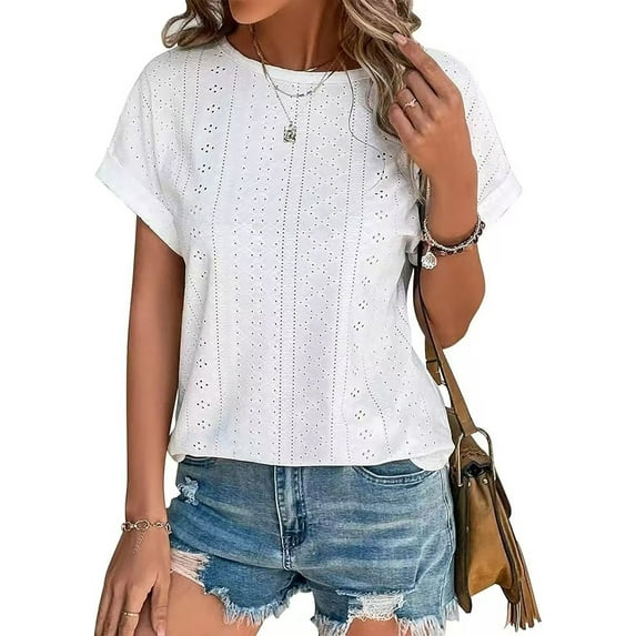 Womens Tops Eyelet Embroidery Summer Spring Crewneck Curved Hem 2025 Casual Short Sleeve Trendy T Shirts