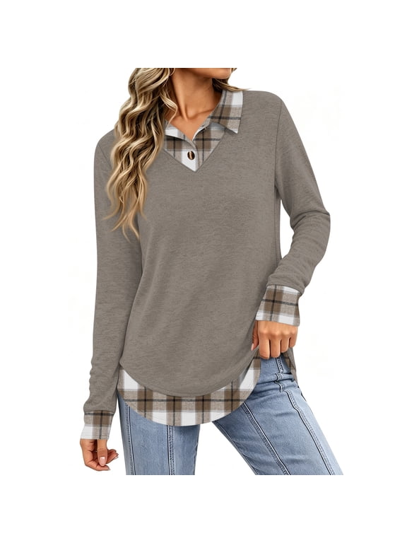 Womens Tops Fake Layered Look Casual Collared Curved Hem Pullover Plaid Contrast Shirt Vintage Trendy Regular Fit Blouse