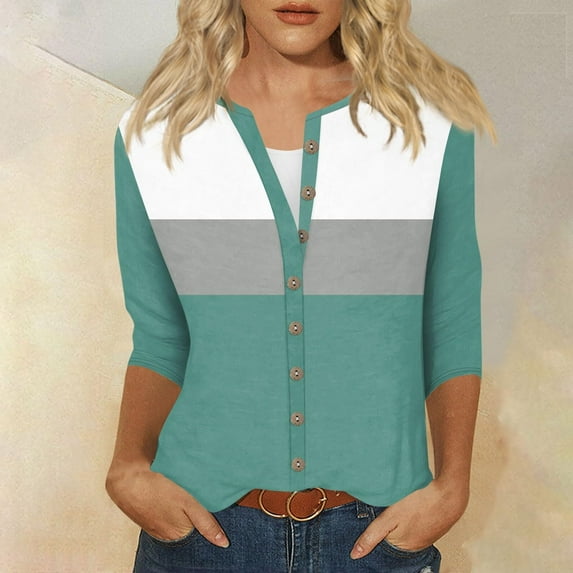 Womens Tops Fall 3/4 Sleeves Buttons Loose T-shirt Patchwork Round Neck Coats Blouse Printed Tops Green 2XL