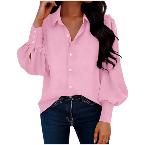 Cloaraye Womens Tops Fall Button Up Long Sleeve Shirts Solid Color Lapel Puff Sleeve Office Work Shirts Springs Summer Fall Clothes