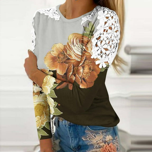 Womens Tops Fall Casual Lace Round Neck Long Sleeved Print T-shirt Gold 2XL