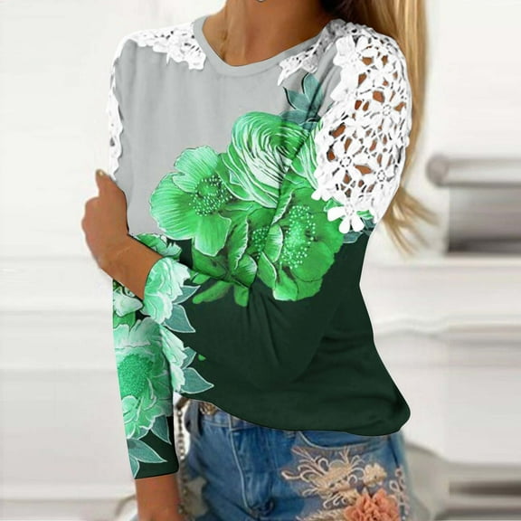 Womens Tops Fall Casual Lace Round Neck Long Sleeved Print T-shirt Green 2XL